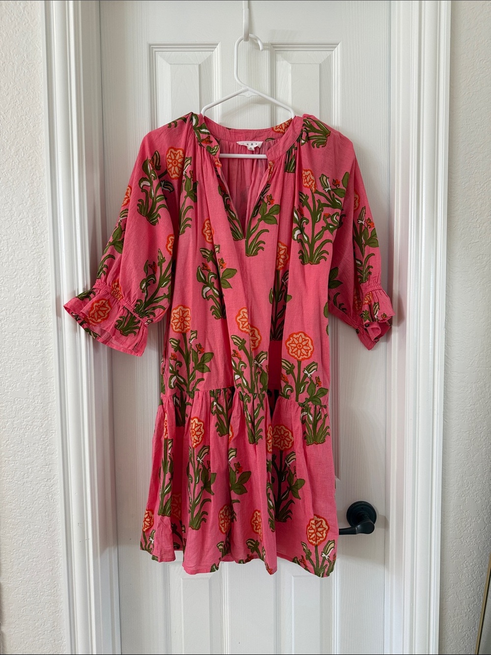 THML Pink Floral V-Neck Tiered Mini Dress